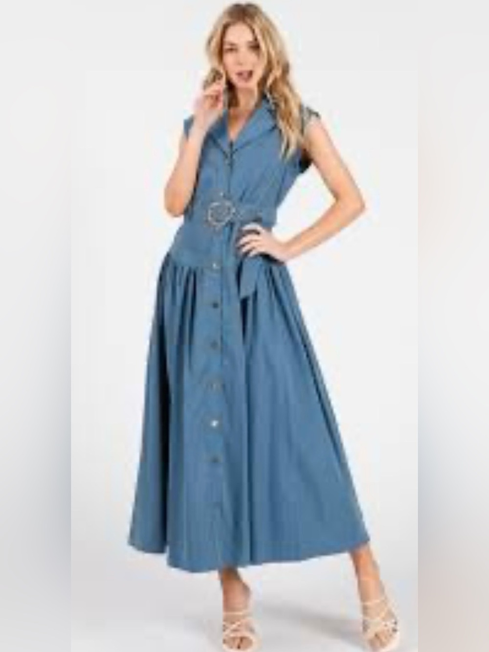 Sleeveless Collared Midi Dress with Belt - Blue